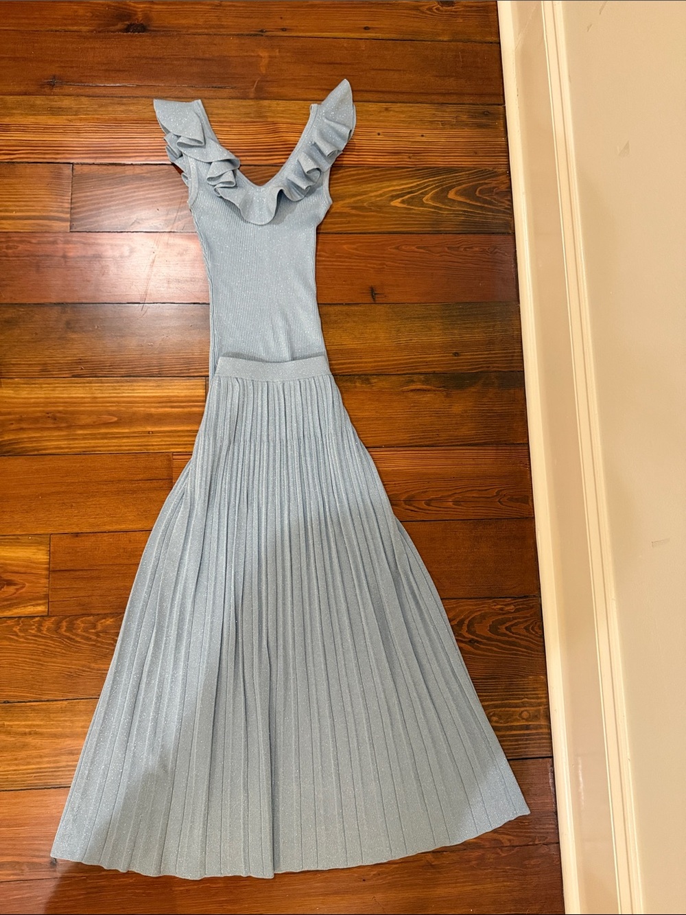 Zimmermann Light Blue Ruffle V-Neck Pleated Maxi Skirt Set